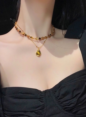 复古虎眼石款天然石串珠项链套装女新款轻奢时尚锁骨链气质毛衣链