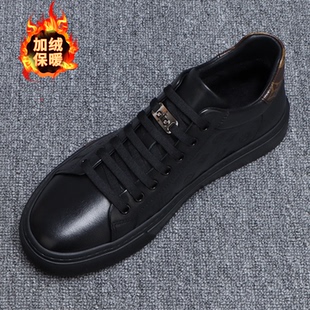 欧洲站男鞋冬季保暖加绒高帮鞋男2025新款一脚蹬厚底真皮休闲板鞋