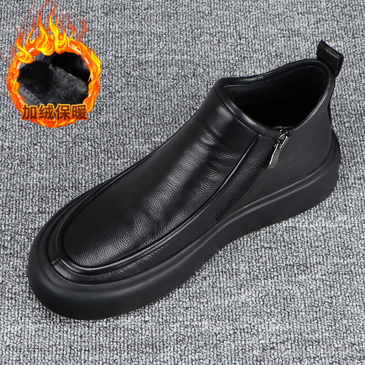 男士加绒鞋冬季2025新款保暖高帮皮鞋男款厚底防滑真皮休闲爸爸鞋