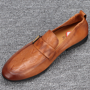 软面真皮男鞋夏季2023新款休闲皮鞋男款真皮棕色一脚蹬正装商务鞋