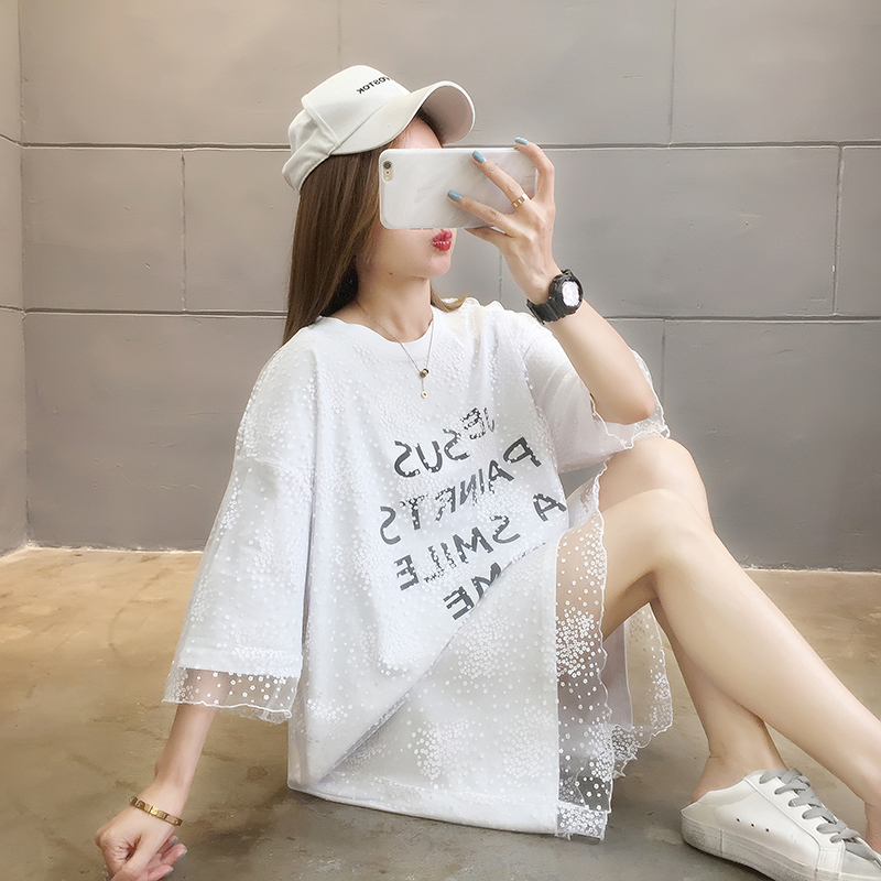 實拍牛奶絲夏季2021中長款假兩件網紗拼接圓領短袖T恤女