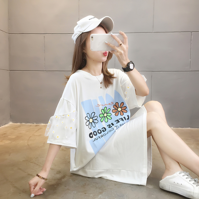 牛奶絲實拍夏季中長款網紗拼接短袖小雛菊印花圓領T恤女