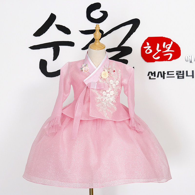 定制春秋朝鲜族民族小女孩舞蹈演出主持人摄影粉色闪亮韩服蓬蓬裙