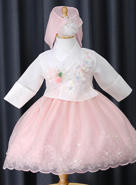 延边定制儿童摄影服装韩版民族韩服女童周岁白色童装花童蓬蓬套装