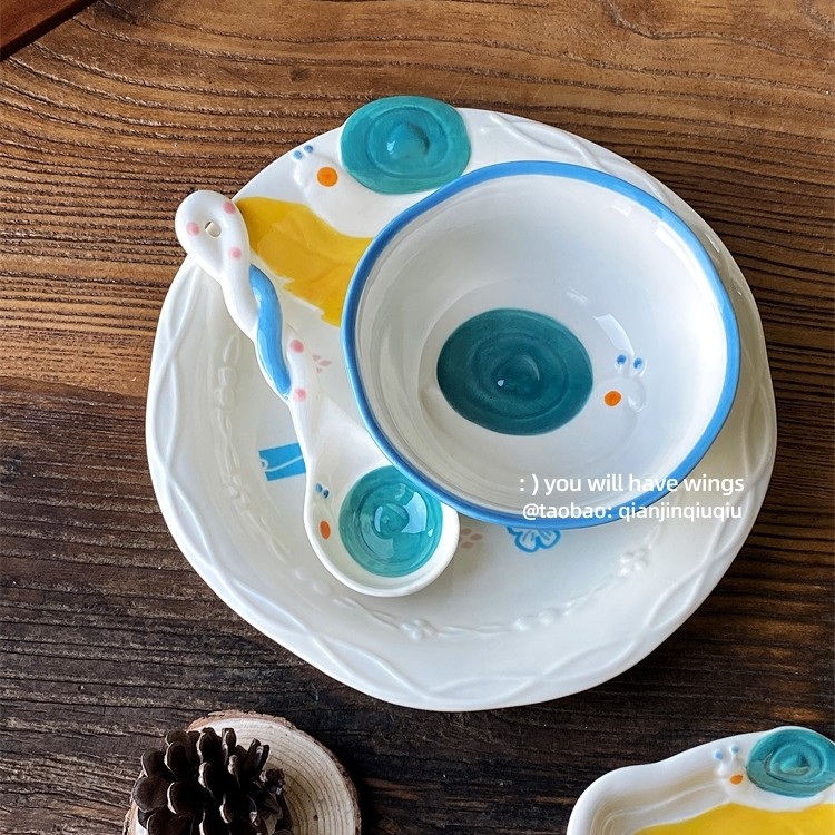 浅瑾秋秋手绘小蜗牛家用陶瓷盘碗