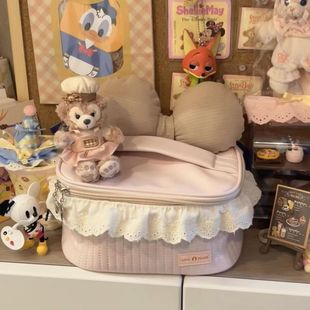 2025新款蕾丝花边大容量皮质柔软高颜值实用少女纯色化妆包