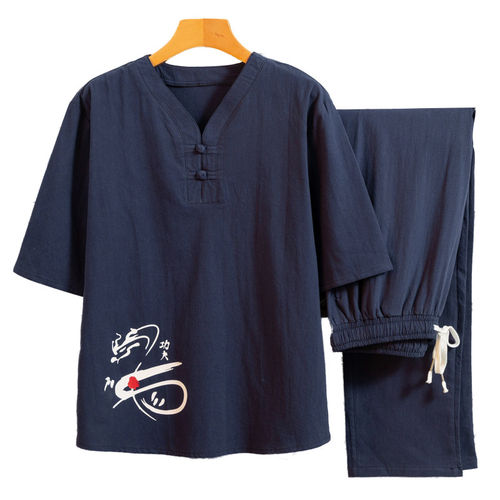 夏季套装男中国风刺绣棉麻套装宽松休闲新款潮套装男大码短袖长裤