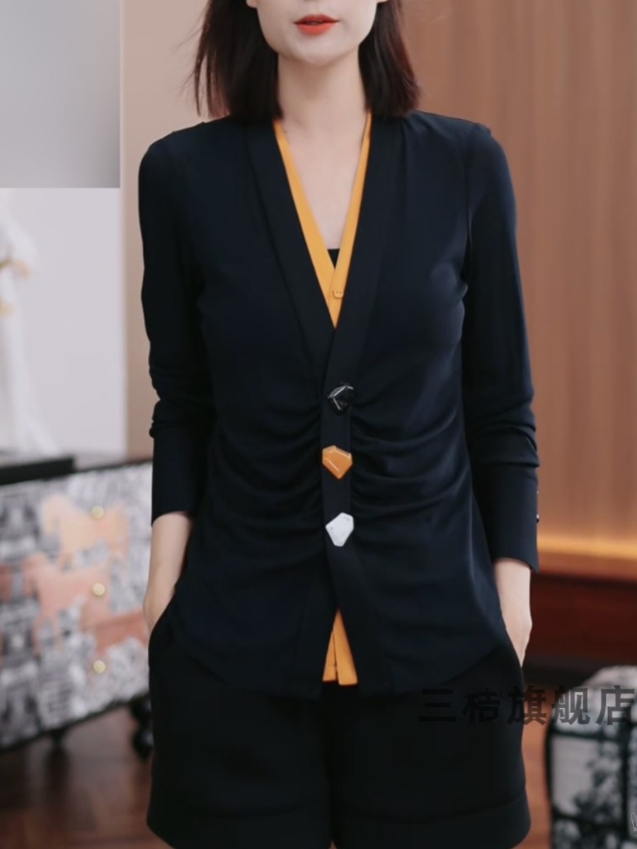 拼接优雅V领假两件套长袖女式衬衫2025秋季新款修身百搭西式上衣D