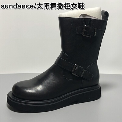 sundance/太阳舞正品撤柜女鞋英伦真皮皮带扣中筒靴女骑士机车靴