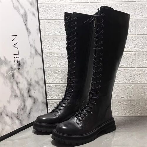 EBLAN伊伴正品撤柜断码真皮女厚底圆头系带侧拉链骑士靴时装长靴