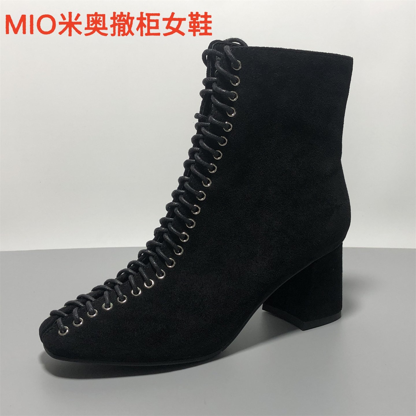 MIO米奥撤柜断码真皮女靴方头系带短靴女冬季粗跟靴子百搭单靴女