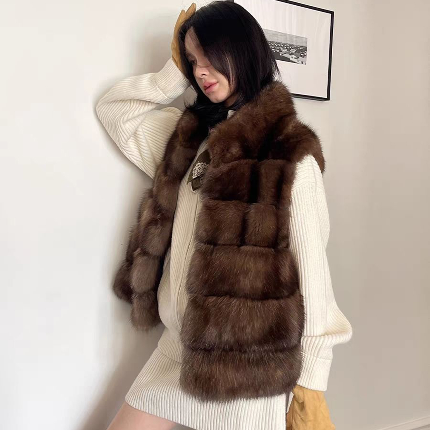 俄罗斯紫貂环保马甲秋冬年轻加厚坎肩新款时尚外套貂皮大衣毛毛