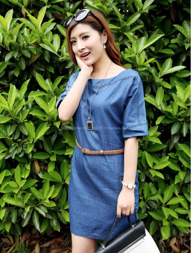 2024夏一字领宽松休闲显瘦大码胖MM遮肚短袖牛仔连衣裙a字短裙女