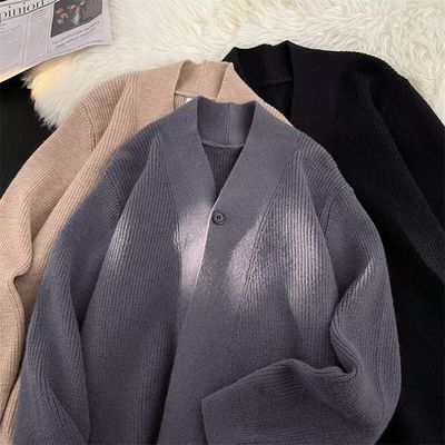 2024秋冬新款开衫毛衣美式复古休闲慵懒风V领针织衫男纯色外套