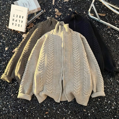 2024秋冬新款开衫毛衣美式复古休闲慵懒风V领针织衫男纯色外套