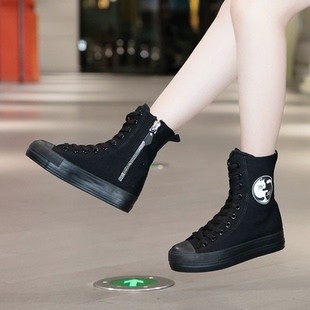 远步厚底高帮帆布鞋女潮鞋内增高松糕底女鞋侧拉链女鞋高邦鞋潮鞋