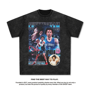 坎宁安美式球星长袖街头嘻哈潮牌复古印花做旧水洗重磅纯棉短袖