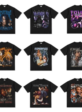 侃爷比伯阿姆TravisScott德雷克XXX美式嘻哈说唱复古印花宽松短袖