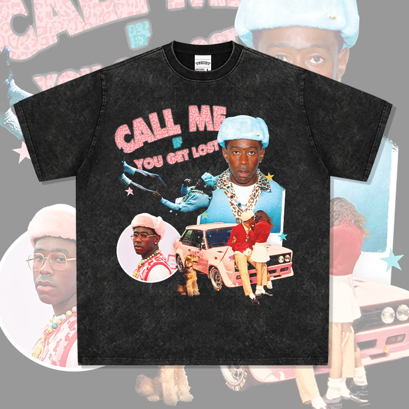 Tyler The Creator造物主泰勒美式嘻哈复古印花水洗宽松纯棉短袖