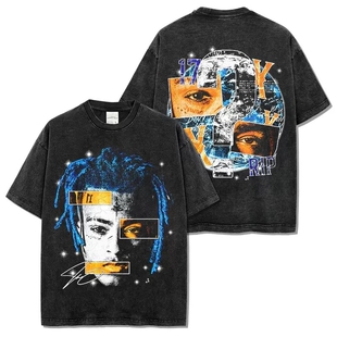 XXXTentacion嘻哈说唱美式T恤街头复古做旧水洗双面印花宽松短袖
