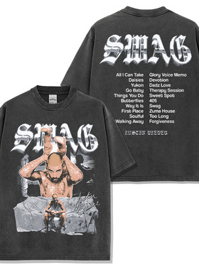 贾斯汀·比伯Justin Bieber美式嘻哈T恤复古水洗双面印花宽松短袖