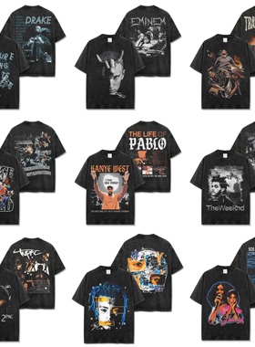 埃米纳姆侃爷TravisScott图派克XXX美式嘻哈复古水洗双面印花短袖