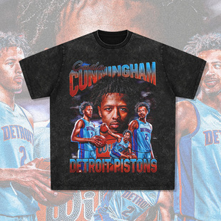 坎宁安美式球星T恤街头嘻哈潮牌复古印花做旧水洗重磅圆领短袖