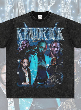 Kendrick Lamar功夫肯尼嘻哈说唱美式街头复古印花做旧水洗短袖