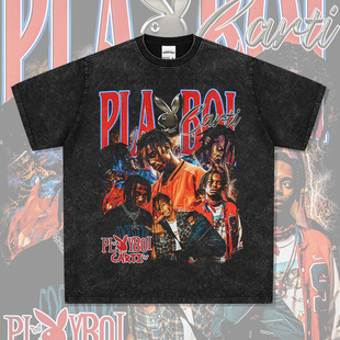 Playboi Carti玩少嘻哈说唱美式印花T恤街头复古做旧水洗宽松短袖