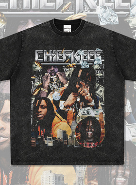 Chief Keef嘻哈说唱美式街头潮牌复古印花做旧水洗重磅宽松短袖