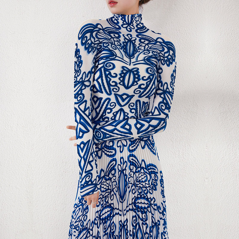 印花T恤上衣女年新款套装时尚气质百搭高腰中长裙俩件套褶皱