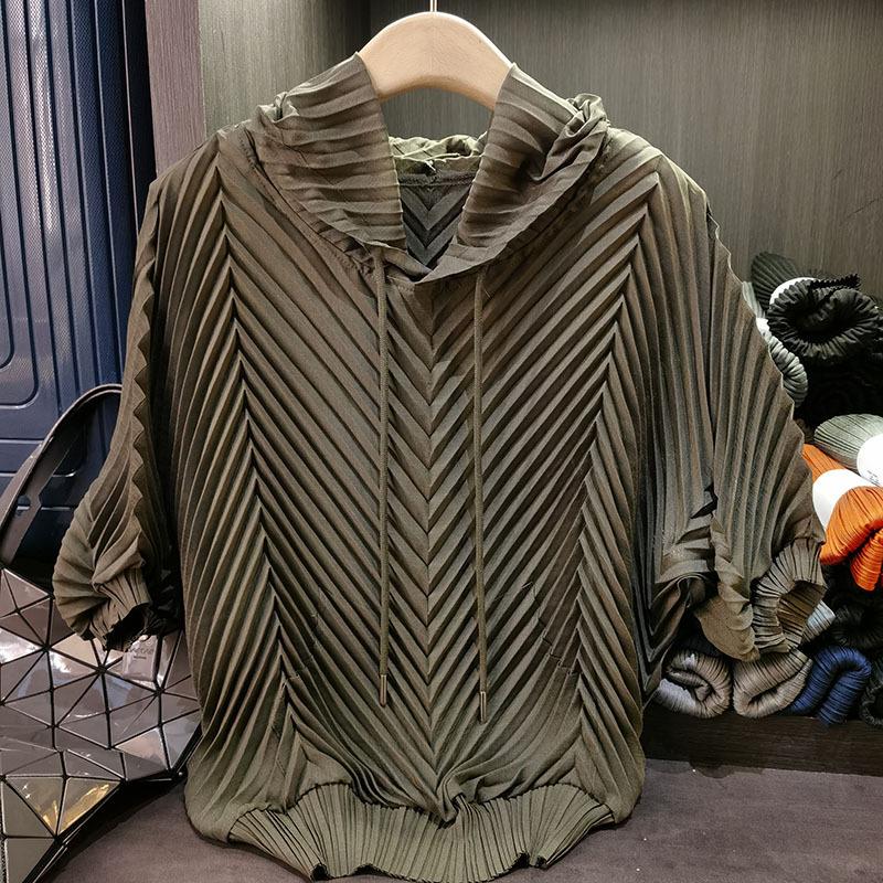 手工纸模工艺连帽褶皱慵懒风夏季韩版宽松短袖纯色T恤上衣女
