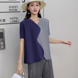 三宅褶皱薄款T恤衫女2024新款夏季宽松显瘦短款时尚女装上衣短袖