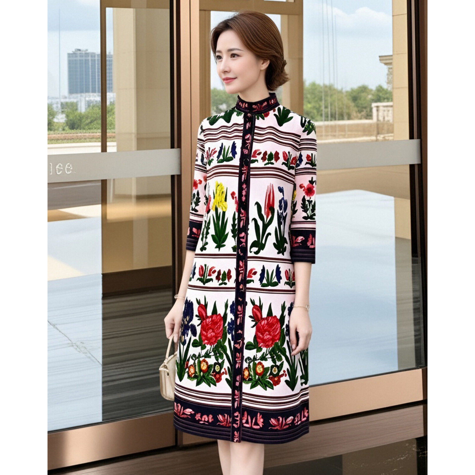 妈妈连衣裙春装新款减龄复古印花裙子宽松大码开衫褶皱弹簧裙立领