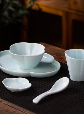 景德镇中式酒店摆台碗盘杯套装高端商用创意餐厅釉下彩摆台四件套