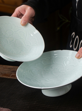 景德镇陶瓷高脚果盘中式仿宋餐具青瓷高足盘禅意干果糕点心盘酒店