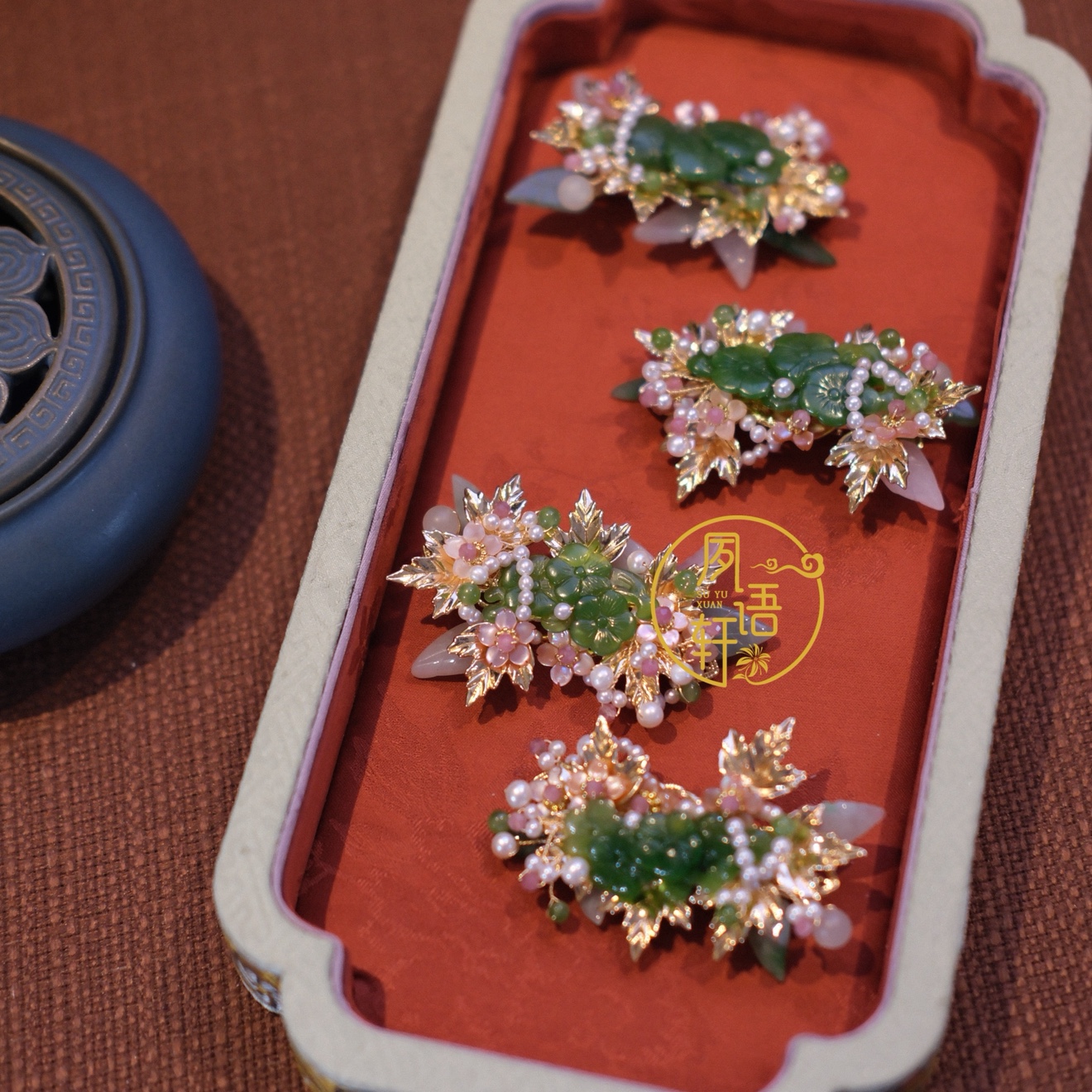 夙语轩原创设计天然珍珠和田玉点翠发冠发夹发簪和田玉碧玉碧玺