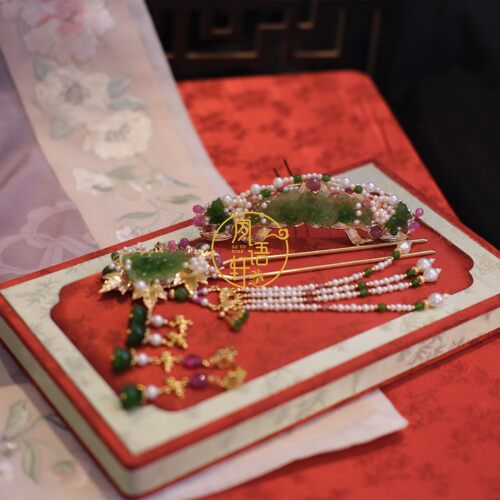 夙语轩原创设计和田玉碧玺粉色蓝宝石汉服流苏发簪耳坠