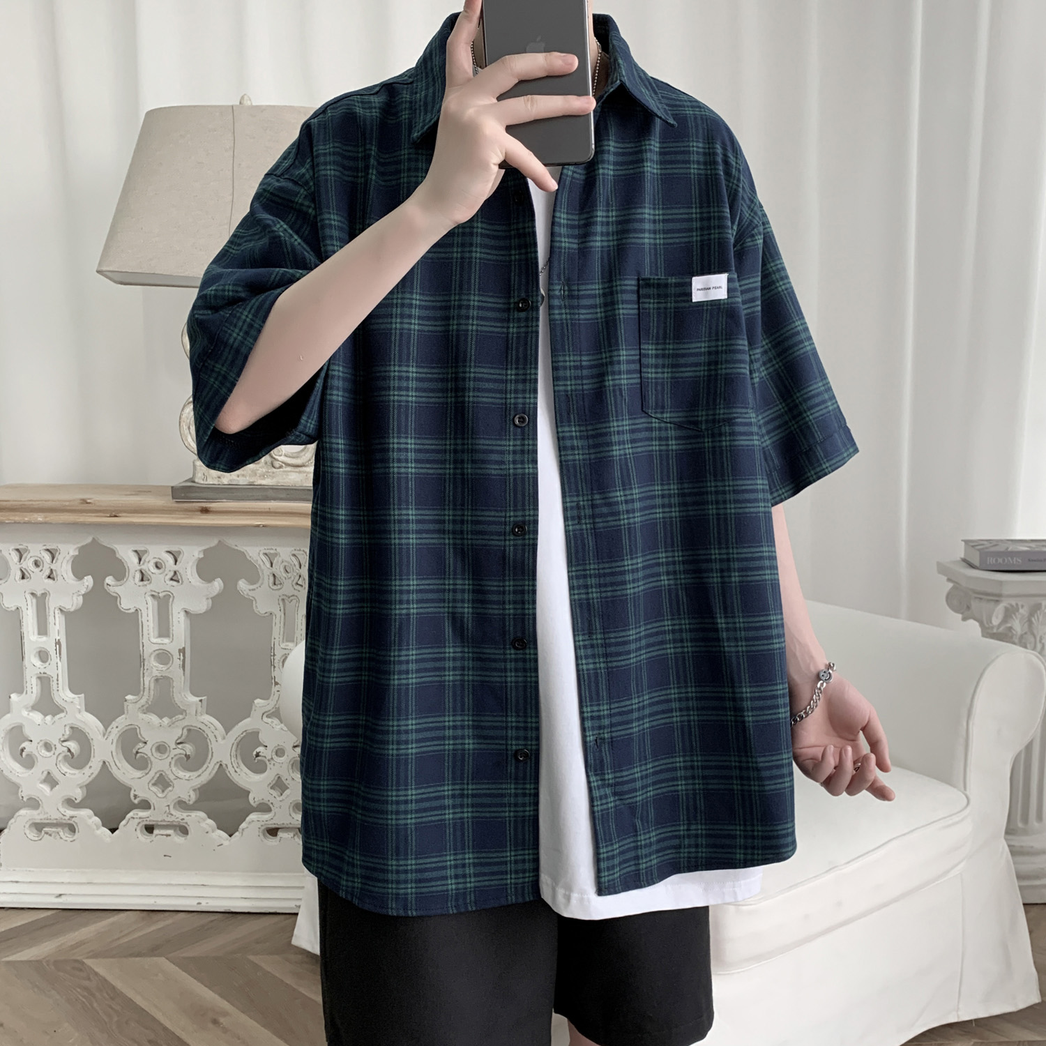 痞帅衬衫男潮流港风短袖七分袖上衣小格子衬衣外套ins潮2020夏季