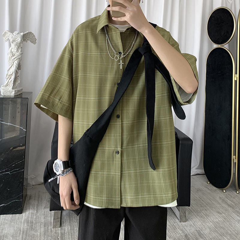 格子衬衫男复古港味百搭ins网红很仙的衬衣痞帅宽松男生上衣服潮