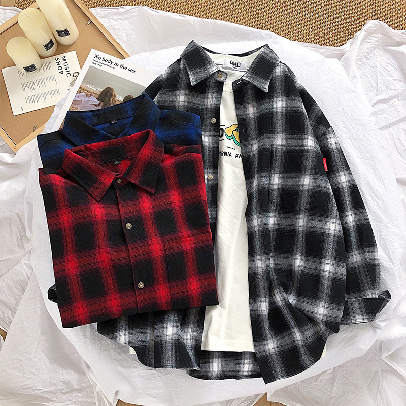 格子衬衫男潮港风ins网红很仙的衬衣男装韩版潮流百搭长袖上衣男