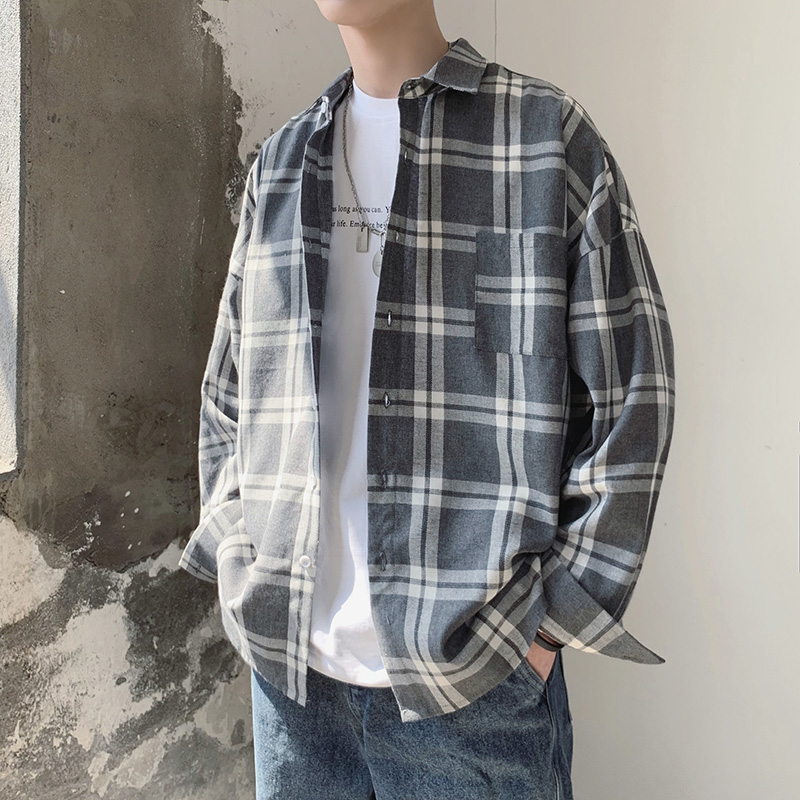 痞帅衬衫男长袖潮牌ins港风宽松潮流抖音百搭网红很仙的格子衬衣