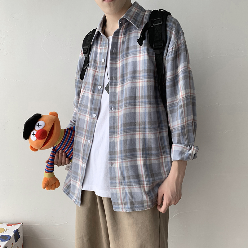 格子衬衫男长袖韩版潮牌ins网红很仙的上衣男生港风宽松休闲外套