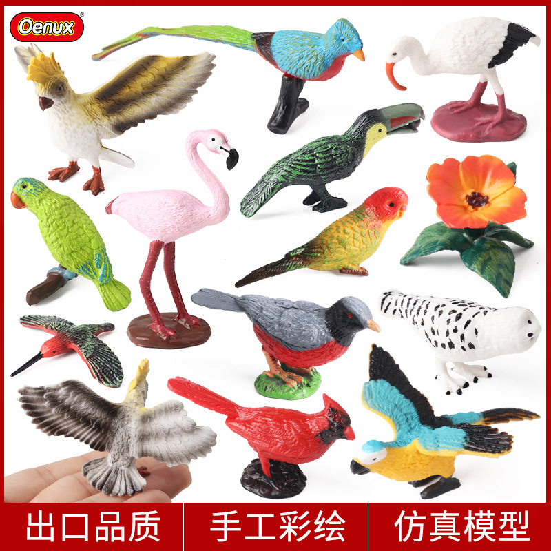 跨境儿童仿真动物模型实心飞禽鸟类火烈鸟鹦鹉巨嘴鸟蜂鸟玩具摆件
