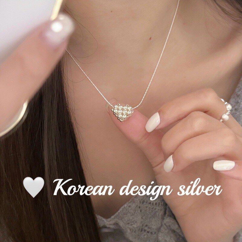 韩版轻奢高级感亮银首饰 S925纯银编织圆珠爱心项链ins风叠戴女款