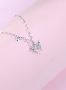 S925纯银满钻蝴蝶项链女韩版时尚轻奢小众高级感设计锁骨链送女友
