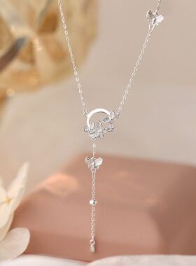 乾佳S999足银甜美蝴蝶圆环流苏项链女轻奢高级感绝美锁骨链代发