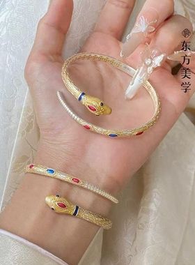 乾龙足银999.9新中式珐琅彩描金蛇手镯磨砂蛇本命年银蛇手镯子