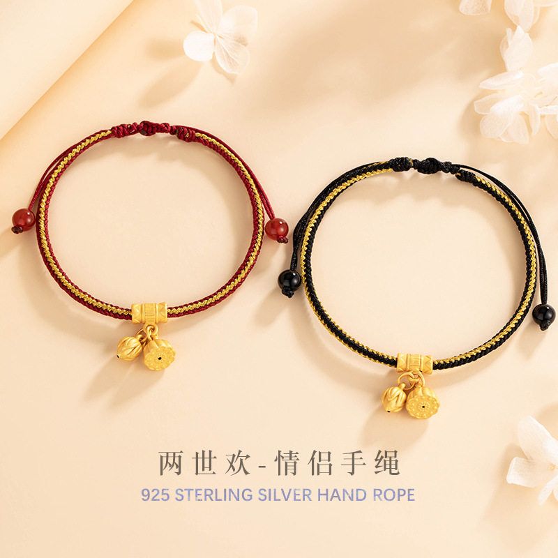 好运莲莲纯银925情侣手绳新中式国潮莲花红玛瑙手饰ins黑玛瑙手链