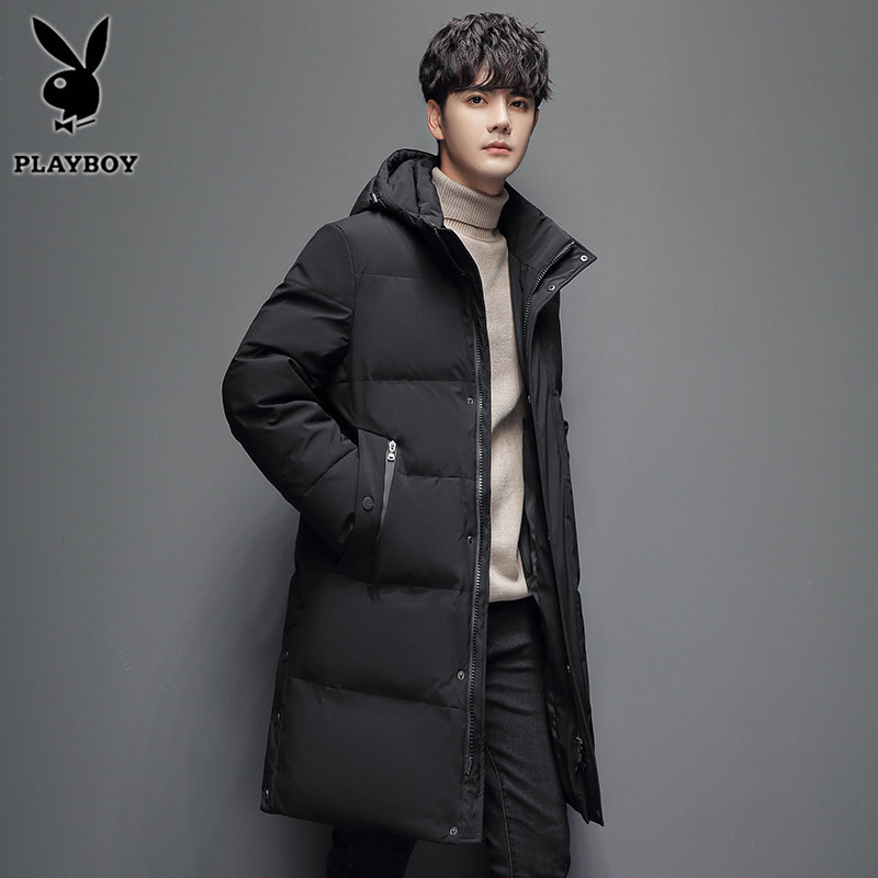 花花公子过膝羽绒服男士中长款青年潮流帅气狐狸毛领加厚男装外套